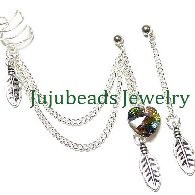 Wood nymph - swarovski crystal chain ear cuff earring