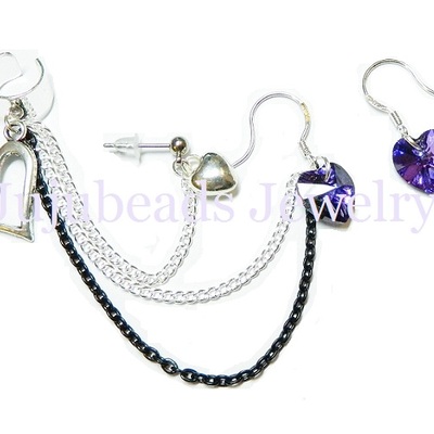 Heliotrope swarovski hearts double chain ear cuff sett
