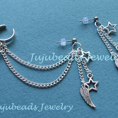 Silver star wing feather ear cuff set