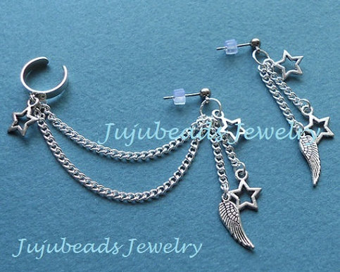 Silver Star Wing Feather Ear Cuff Set