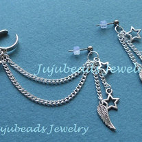 Silver Star Wing Feather Ear Cuff Set