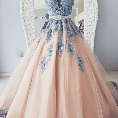 Sheer v neck tulle prom dresses with appliques - Thumbnail 4