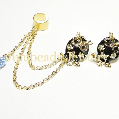 Cute black owls gold swarovski chain ear cuff