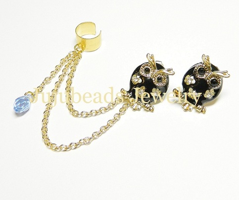Cute Black Owls Gold Swarovski Chain Ear Cuff
