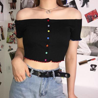 Off-shoulder Colorful Buttons Black Top