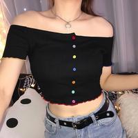 Off-shoulder Colorful Buttons Black Top - Thumbnail 1