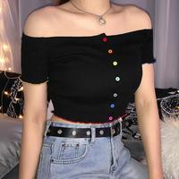 Off-shoulder Colorful Buttons Black Top - Thumbnail 2