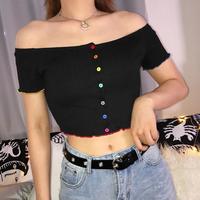 Off-shoulder Colorful Buttons Black Top - Thumbnail 3