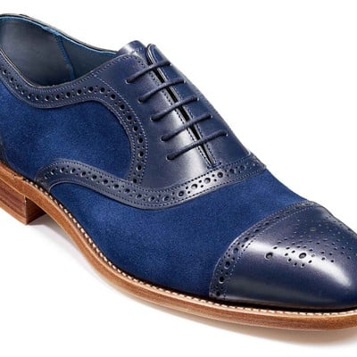 Handmade men's cap toe brogue shoes, men's navy blue leather suede lace up shoes
