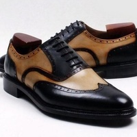 Handmade Men's Lace Up Wing Tip Shoes, Men's Beige Black Leather Shoes - Thumbnail 1