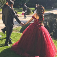 Off the Shoulder Burgundy Prom Dresses Quinceaneara Gowns - Thumbnail 1