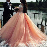 New Arrival Pink Peach Tulle Off the Shoulder Prom Dresses Quinceanera Dress - Thumbnail 1