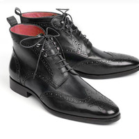 Handmade Leather Wing Tip Boot Men's Lace Up Black Brogue Ankle Boot, Dress Formal - Thumbnail 1