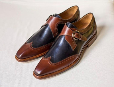 Handmade Men's Wing Tip Monk Shoes, Men's Navy Blue Brown Leather Strap Shoes