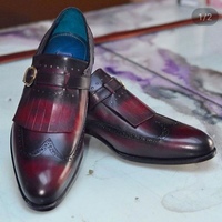 Handmade Men's Wing Tip Monk Shoes, Men's Burgundy Black Leather Strap Fringe Shoes - Thumbnail 1