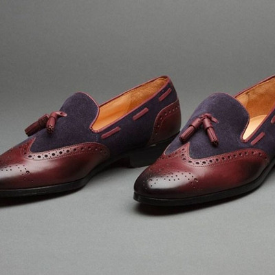 Handmade men's wing tip brogue shoes, men's navy blue brown leather suede tussles shoes