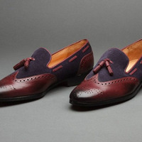 Handmade Men's Wing Tip Brogue Shoes, Men's Navy Blue Brown Leather Suede Tussles Shoes - Thumbnail 1