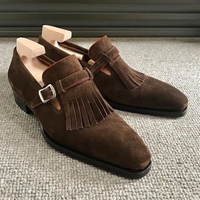 Handmade Madrid Strap Shoes, Dress Fringe Monk Shoes, Patina Italian Suede Brown Shoes - Thumbnail 1