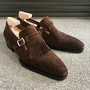 Handmade Madrid Strap Shoes, Dress Fringe Monk Shoes, Patina Italian Suede Brown Shoes-1