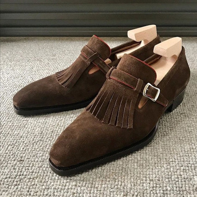 Handmade madrid strap shoes, dress fringe monk shoes, patina italian suede brown shoes