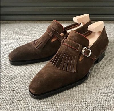 Handmade Madrid Strap Shoes, Dress Fringe Monk Shoes, Patina Italian Suede Brown Shoes