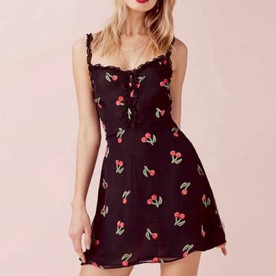 Cherry v-neck sleeveless flounce lace dress