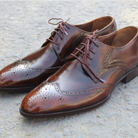 Handmade Men's Wing Tip Brogue Shoes, Men's Brown Leather Lace Up Shoes - Thumbnail 1