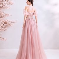 Pink tulle lace long prom dress, pink evening dress - Thumbnail 4
