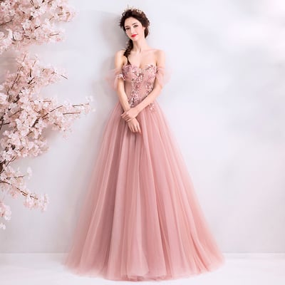 Pink tulle lace long prom dress, pink evening dress - Thumbnail 4