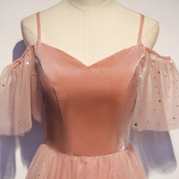 Pink velvet tulle long prom dress, pink evening dress - Thumbnail 1