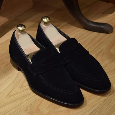 Handmade men's penny loafer shoes, men's black suede slip on shoes
