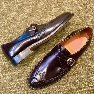 Handmade men's wing tip brogue shoes, men's dark brown leather monk strap shoes