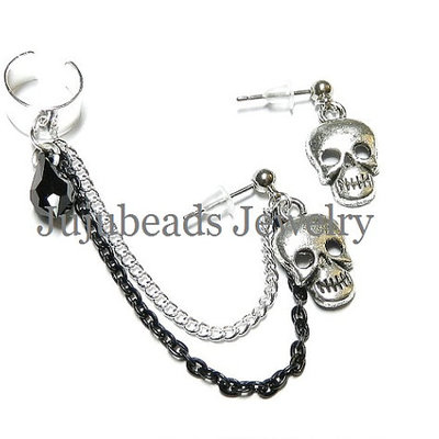 Cute skulls swarovski chain ear cuff set