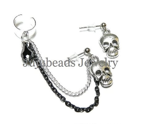 Cute Skulls Swarovski Chain Ear Cuff Set