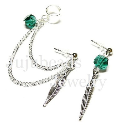 Feathery greens swarovski chain ear cuff