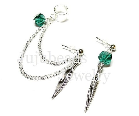 Feathery Greens Swarovski Chain Ear cuff