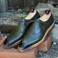 Handmade Men's Wing Tip Brogue Shoes, Men's Green Leather Lace Up Shoes - Thumbnail 2