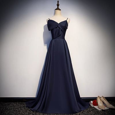 Dark blue satin long prom dress, simple evening dress