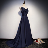 Dark blue satin long prom dress, simple evening dress - Thumbnail 1