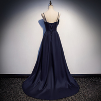 Dark blue satin long prom dress, simple evening dress - Thumbnail 2