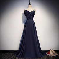 Dark blue satin long prom dress, simple evening dress - Thumbnail 4