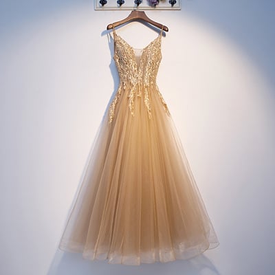 Gold v neck tulle prom dress, evening dress - Thumbnail 5