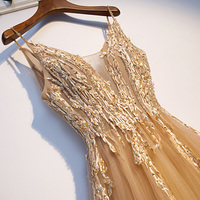 Gold v neck tulle prom dress, evening dress - Thumbnail 1