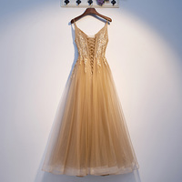 Gold v neck tulle prom dress, evening dress - Thumbnail 4