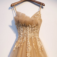Gold v neck tulle lace prom dress, evening dress - Thumbnail 1