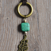 Turquoise Feather Bohemain Necklace, Square Turquoise With Feather and Brown Cord - Thumbnail 4