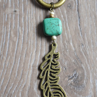 Turquoise Feather Bohemain Necklace, Square Turquoise With Feather and Brown Cord - Thumbnail 2