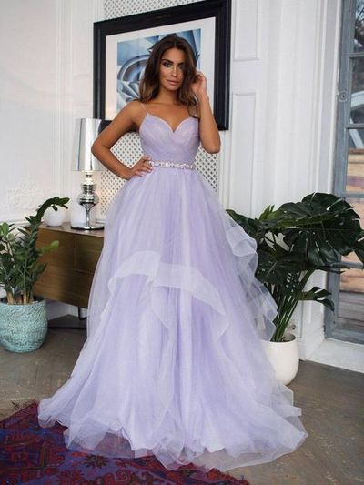 A-Line V Neck Spaghetti Straps Open Back Lavender Tulle Long Prom Dresses,Quinceanera Dresses