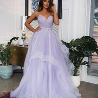 A-Line V Neck Spaghetti Straps Open Back Lavender Tulle Long Prom Dresses,Quinceanera Dresses - Thumbnail 1