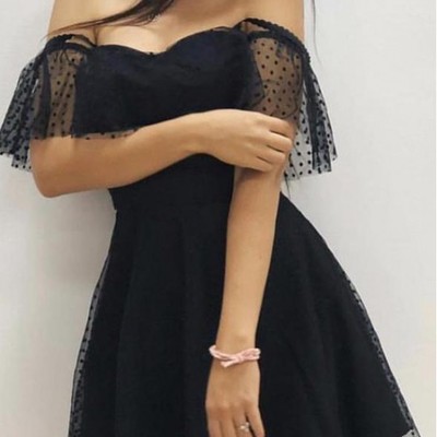 Sexy a-line off the shoulder black tulle short prom dresses,little black dresses - Thumbnail 2